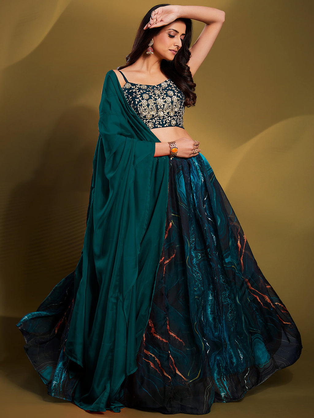 Teal Organza Printed Semi Stitched Lehenga Choli Clothsvilla