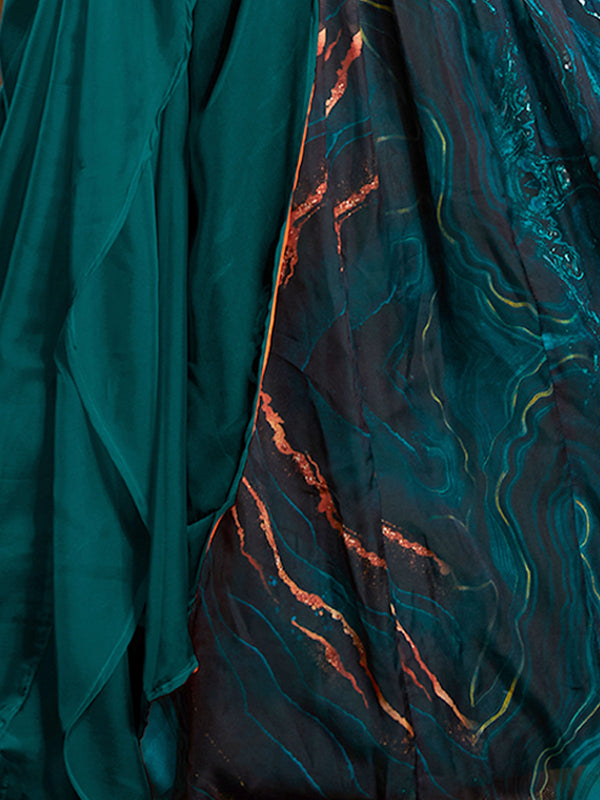 Teal Organza Printed Semi Stitched Lehenga Choli Clothsvilla