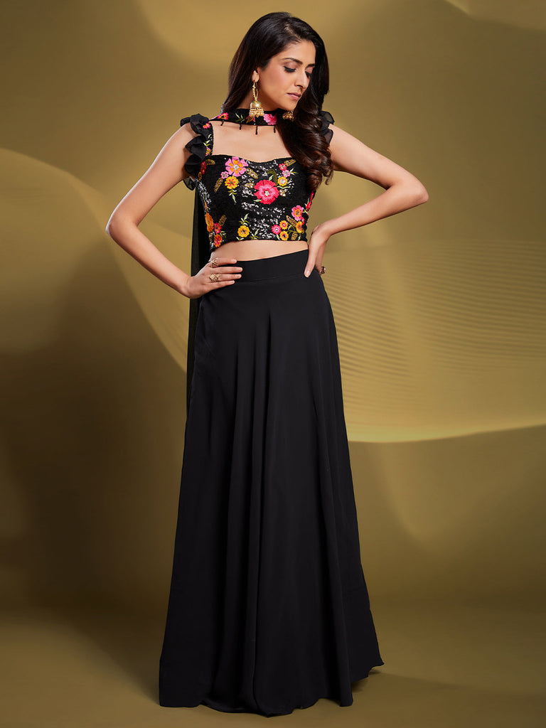 Black Georgette Solid Stitched Lehenga Choli Clothsvilla