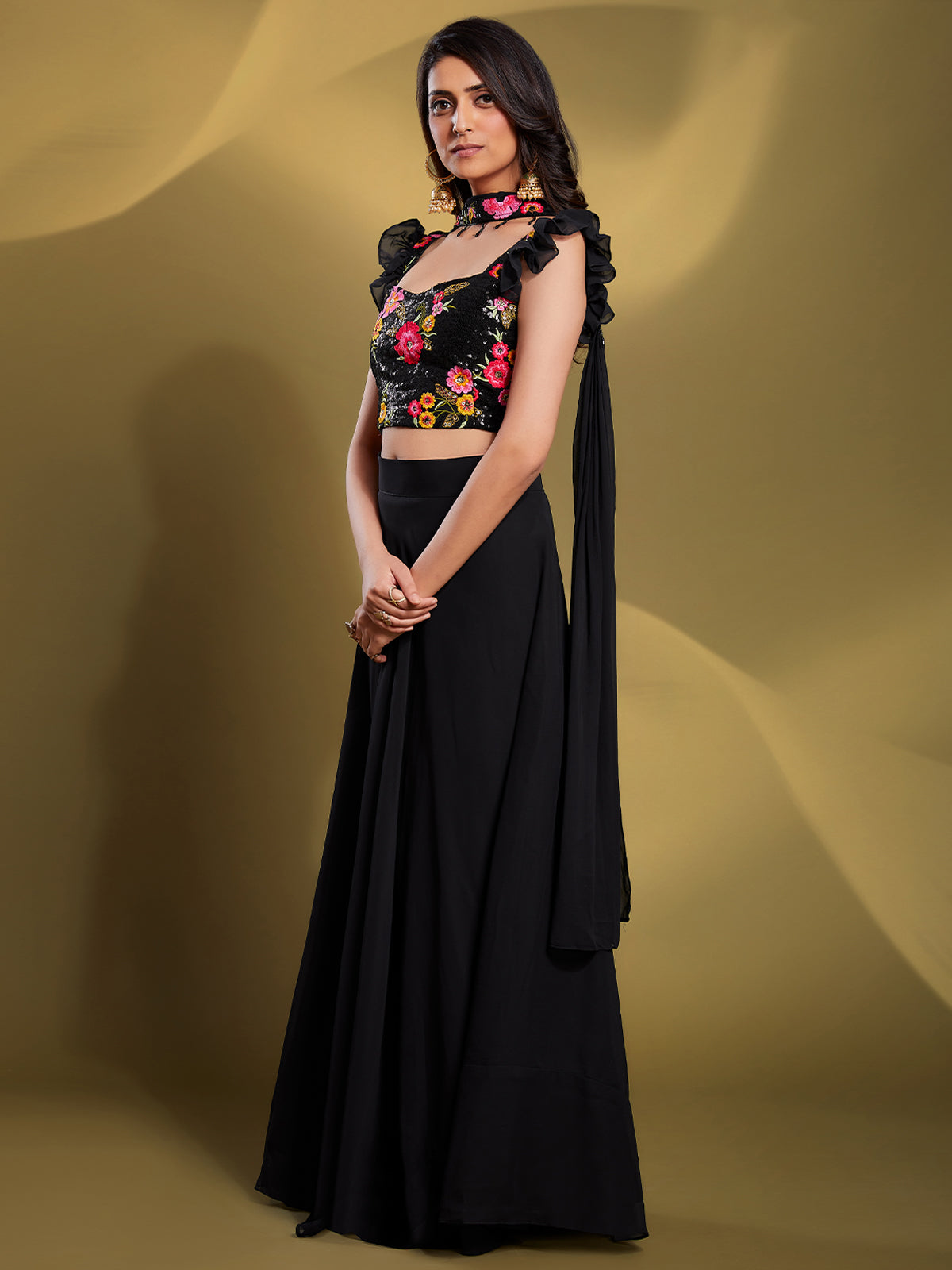 Black Georgette Solid Stitched Lehenga Choli Clothsvilla