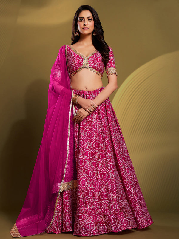 Pink Crepe Bandhani Print Semi Stitched Lehenga Choli Clothsvilla