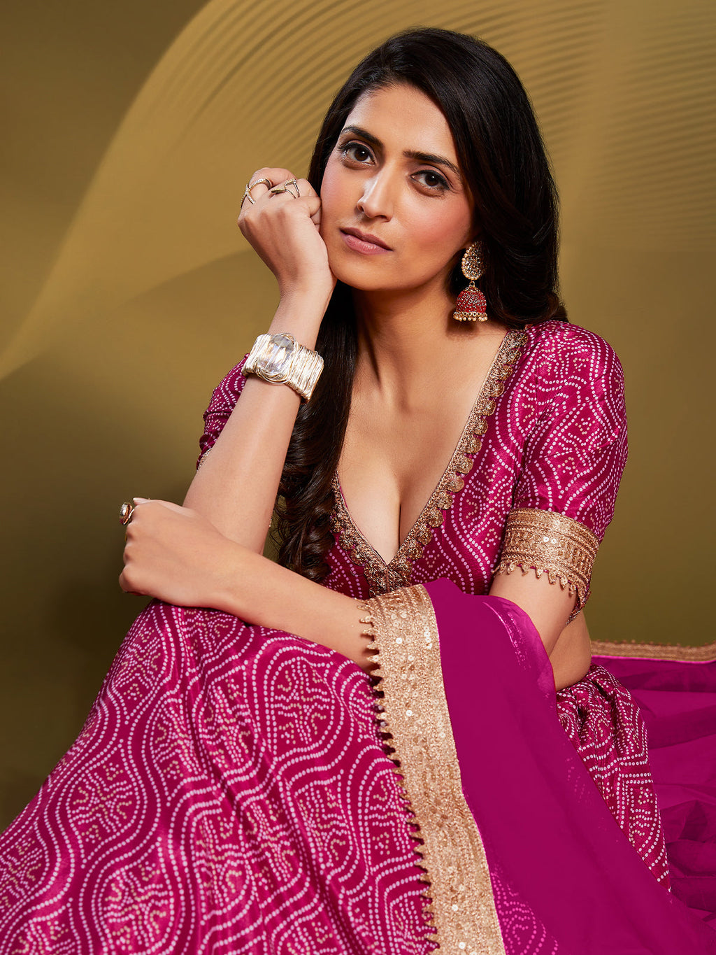 Pink Crepe Bandhani Print Semi Stitched Lehenga Choli Clothsvilla
