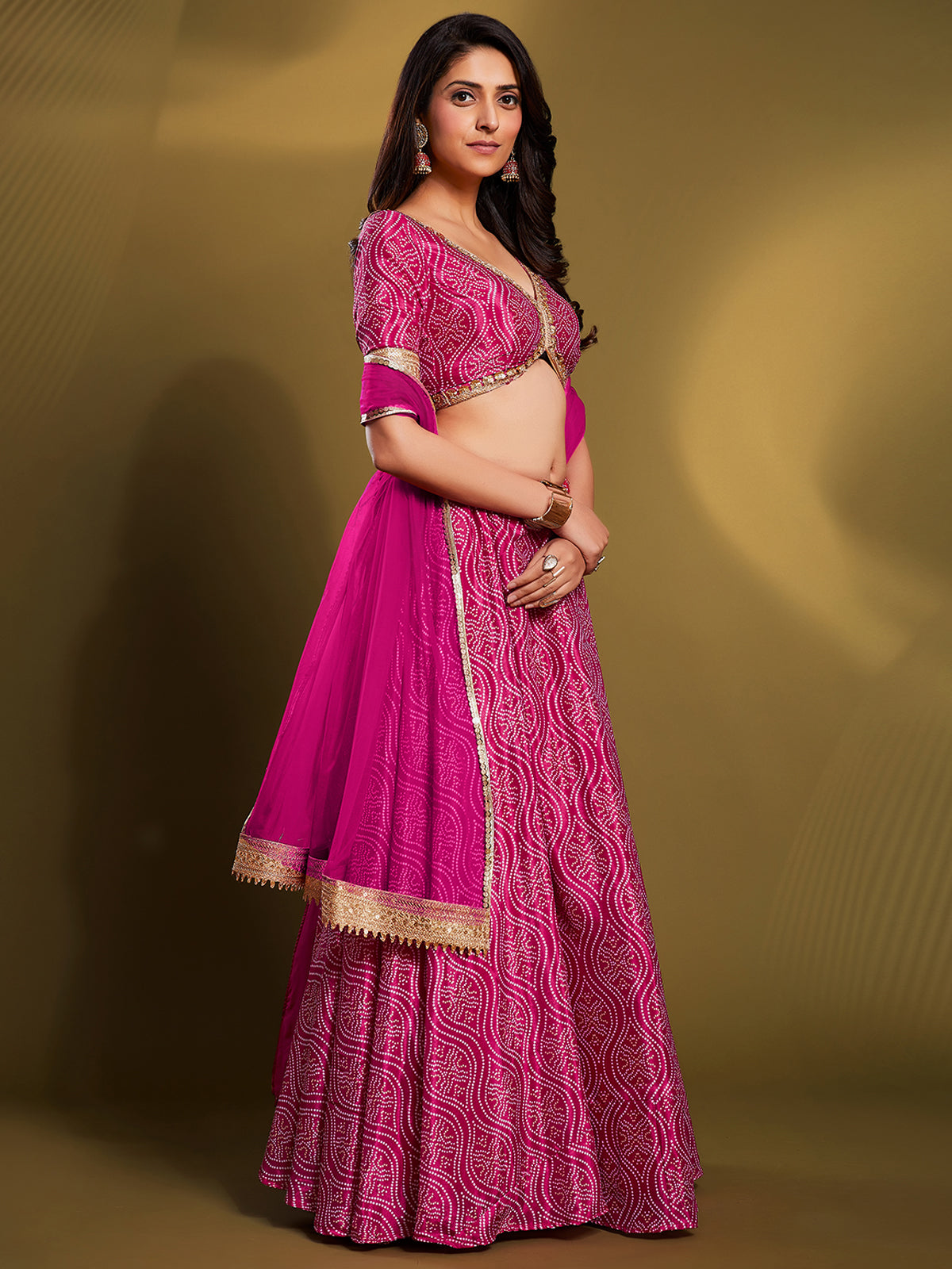 Pink Crepe Bandhani Print Semi Stitched Lehenga Choli Clothsvilla