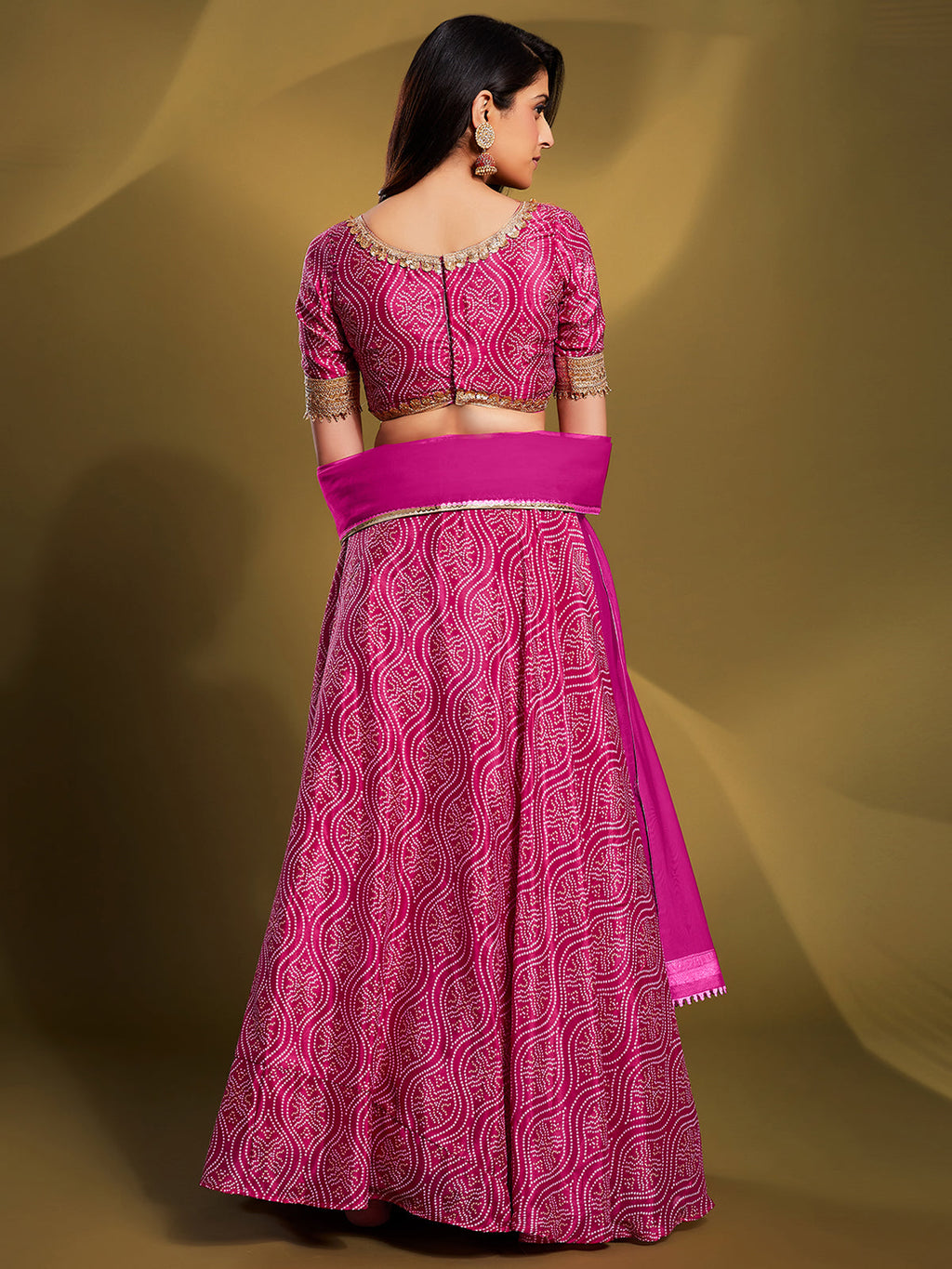 Pink Crepe Bandhani Print Semi Stitched Lehenga Choli Clothsvilla