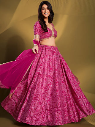 Pink Crepe Bandhani Print Semi Stitched Lehenga Choli Clothsvilla