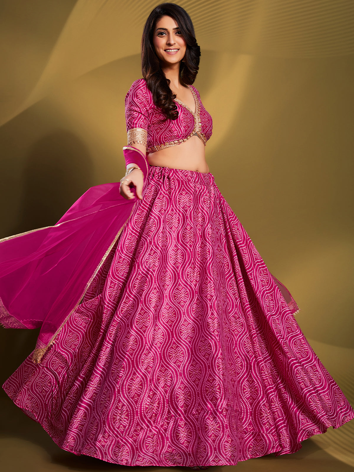 Pink Crepe Bandhani Print Semi Stitched Lehenga Choli Clothsvilla