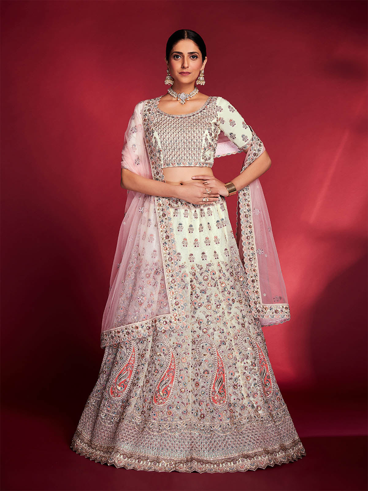 Stylish White Soft Silk Embroidered Semi Stitched Lehenga Choli Clothsvilla