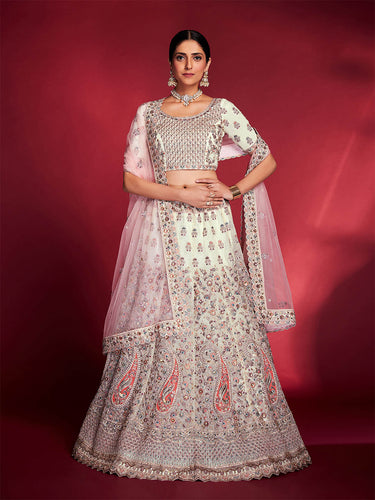 Stylish White Soft Silk Embroidered Semi Stitched Lehenga Choli Clothsvilla