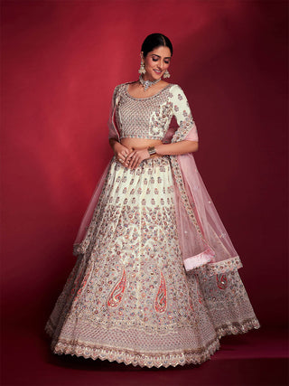Stylish White Soft Silk Embroidered Semi Stitched Lehenga Choli Clothsvilla