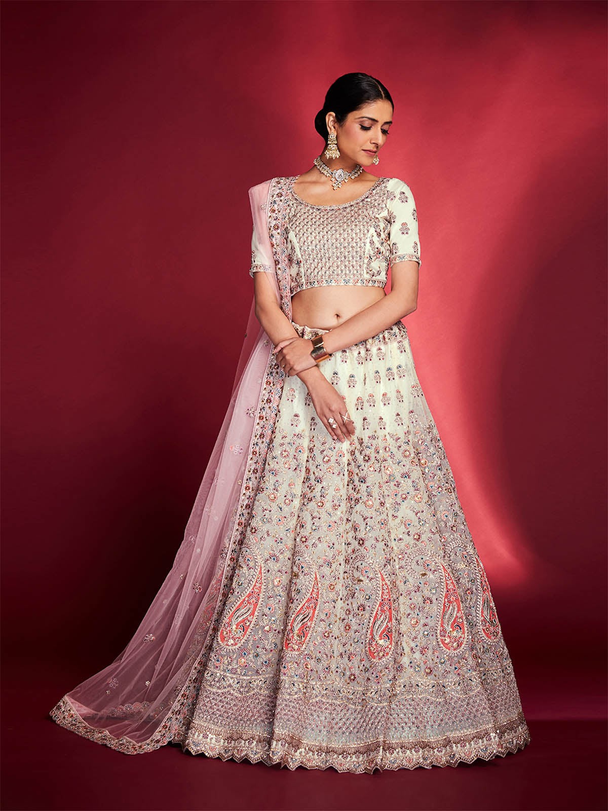 Stylish White Soft Silk Embroidered Semi Stitched Lehenga Choli Clothsvilla
