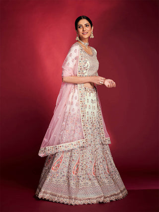 Stylish White Soft Silk Embroidered Semi Stitched Lehenga Choli Clothsvilla