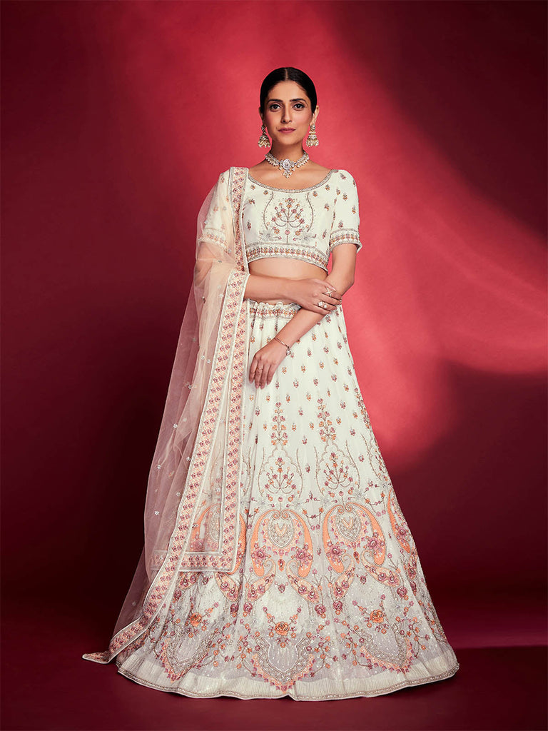 Stunning White Georgette Embroidered Semi Stitched Lehenga Choli Clothsvilla