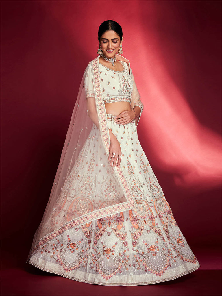 Stunning White Georgette Embroidered Semi Stitched Lehenga Choli Clothsvilla