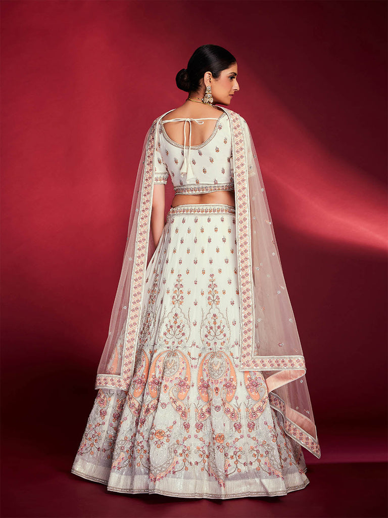 Stunning White Georgette Embroidered Semi Stitched Lehenga Choli Clothsvilla