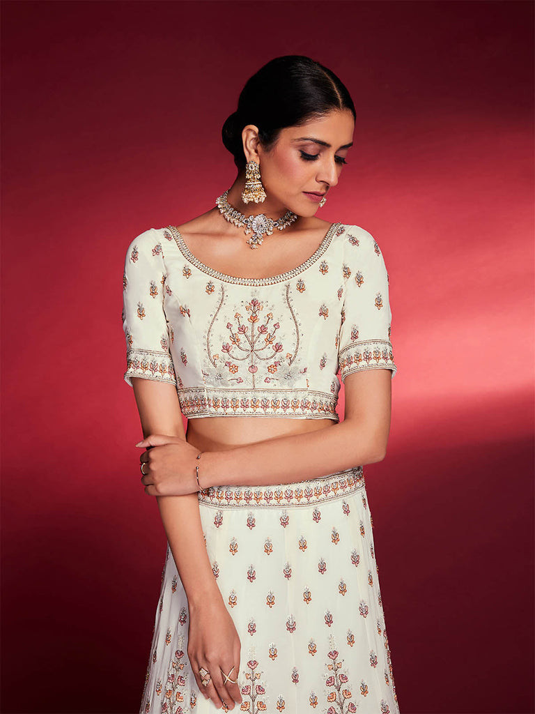 Stunning White Georgette Embroidered Semi Stitched Lehenga Choli Clothsvilla