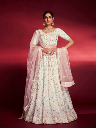 Gorgeous White Georgette Embroidered Semi Stitched Lehenga Choli Clothsvilla