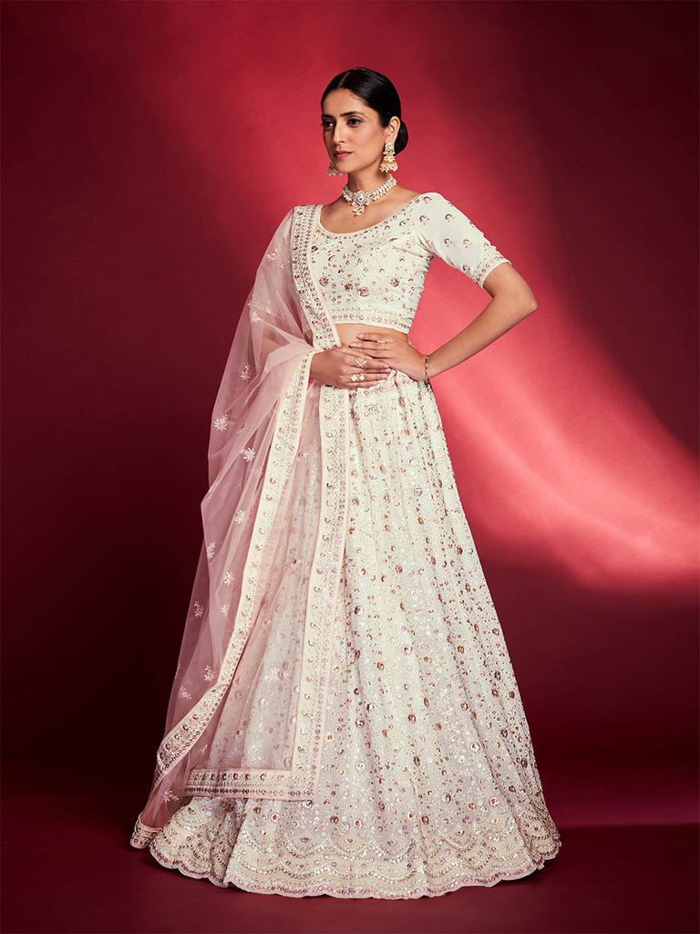 Gorgeous White Georgette Embroidered Semi Stitched Lehenga Choli Clothsvilla