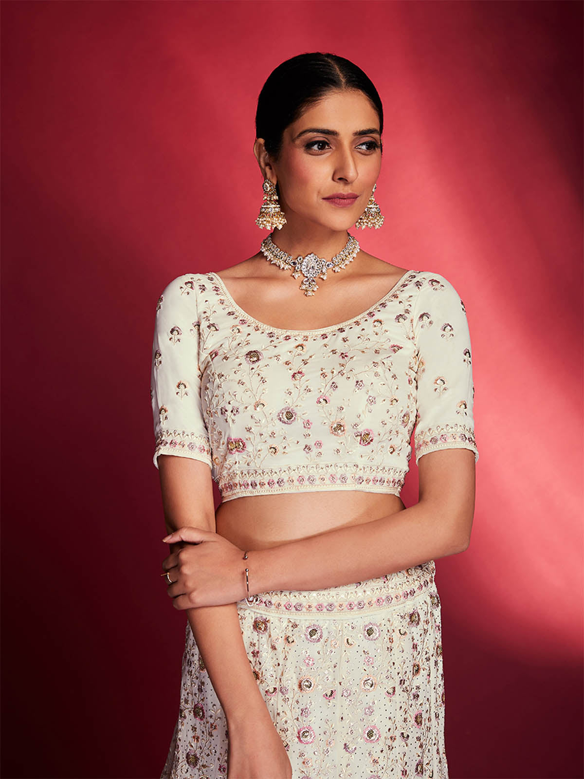 Gorgeous White Georgette Embroidered Semi Stitched Lehenga Choli Clothsvilla