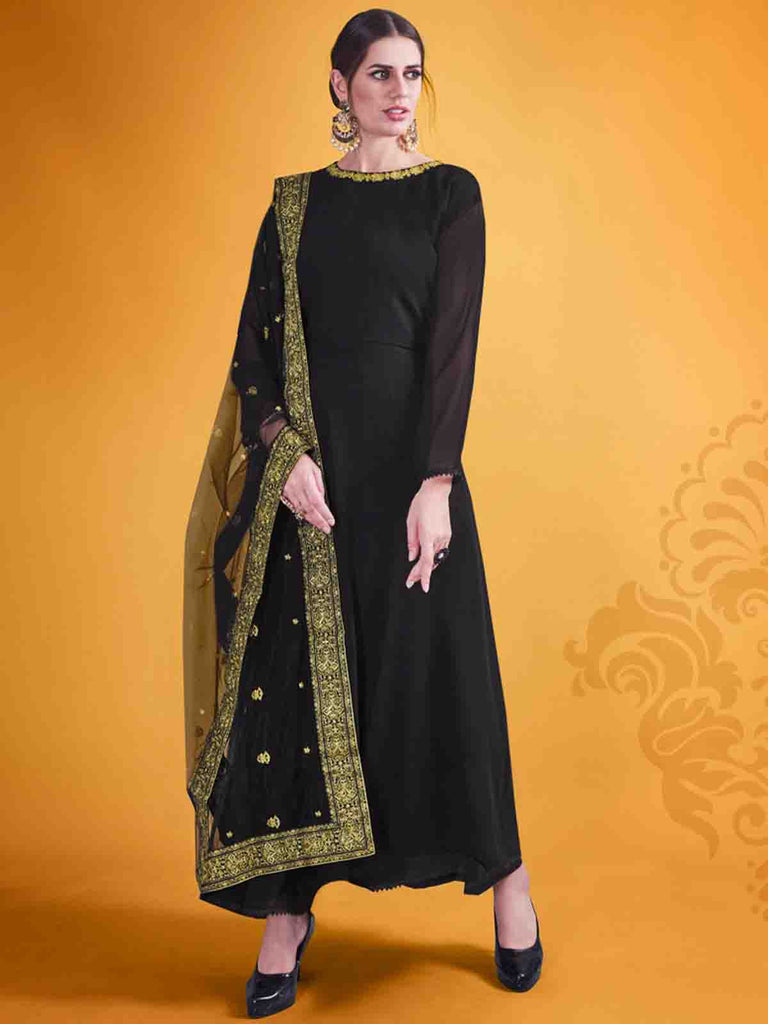 Attractive Black Georgette  Semi Stitched Kurta Set Clothsvilla