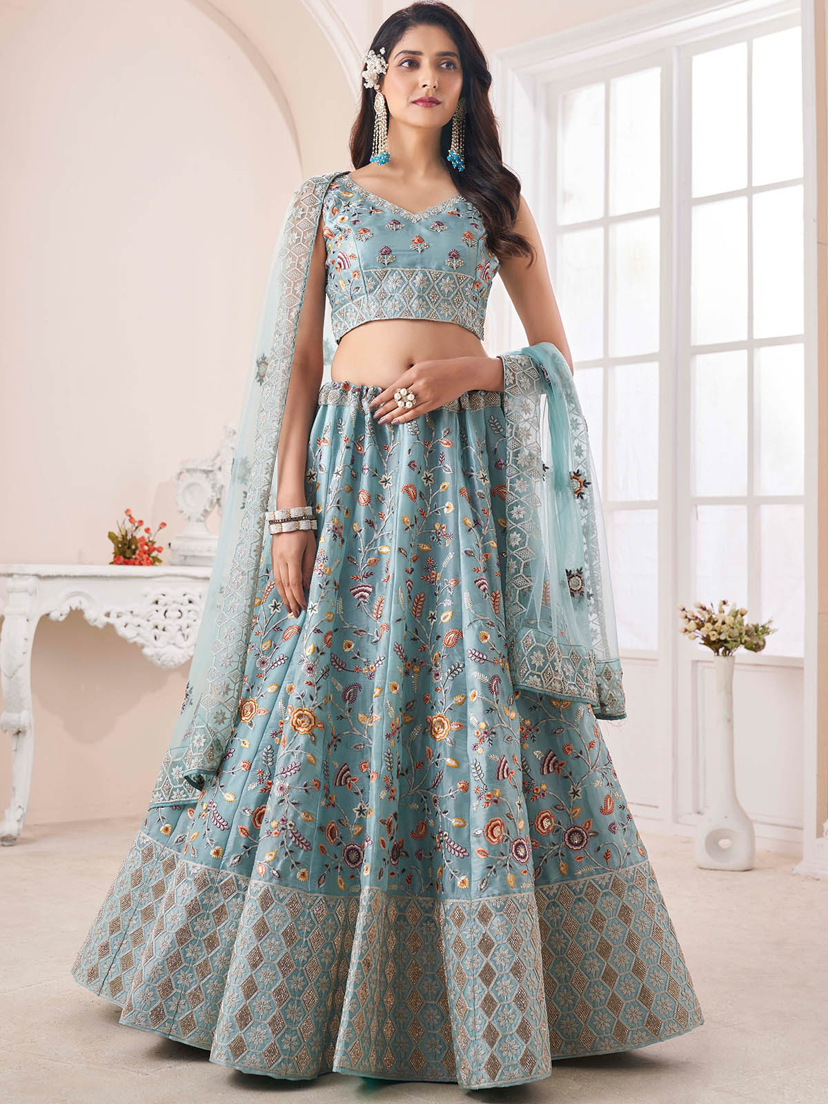 Blue Art Silk Embroidered Semi Stitched Lehenga Choli Clothsvilla Main image