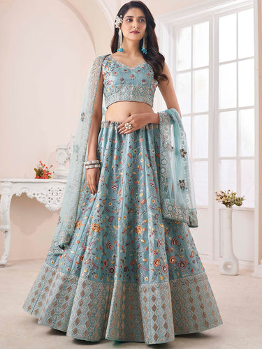 Blue Art Silk Embroidered Semi Stitched Lehenga Choli Clothsvilla