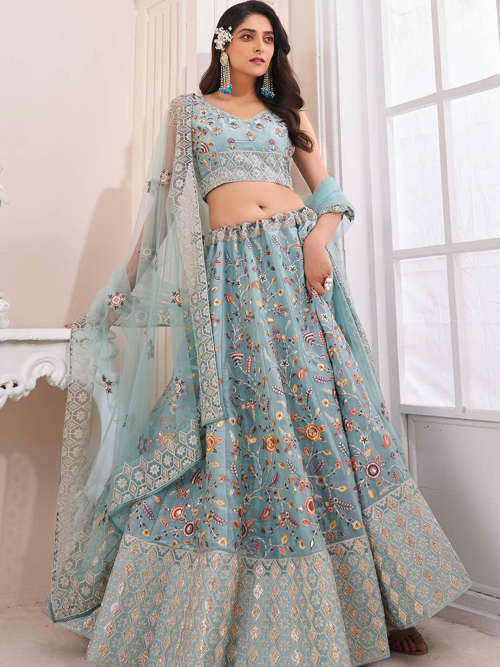 Blue Art Silk Embroidered Semi Stitched Lehenga Choli Clothsvilla