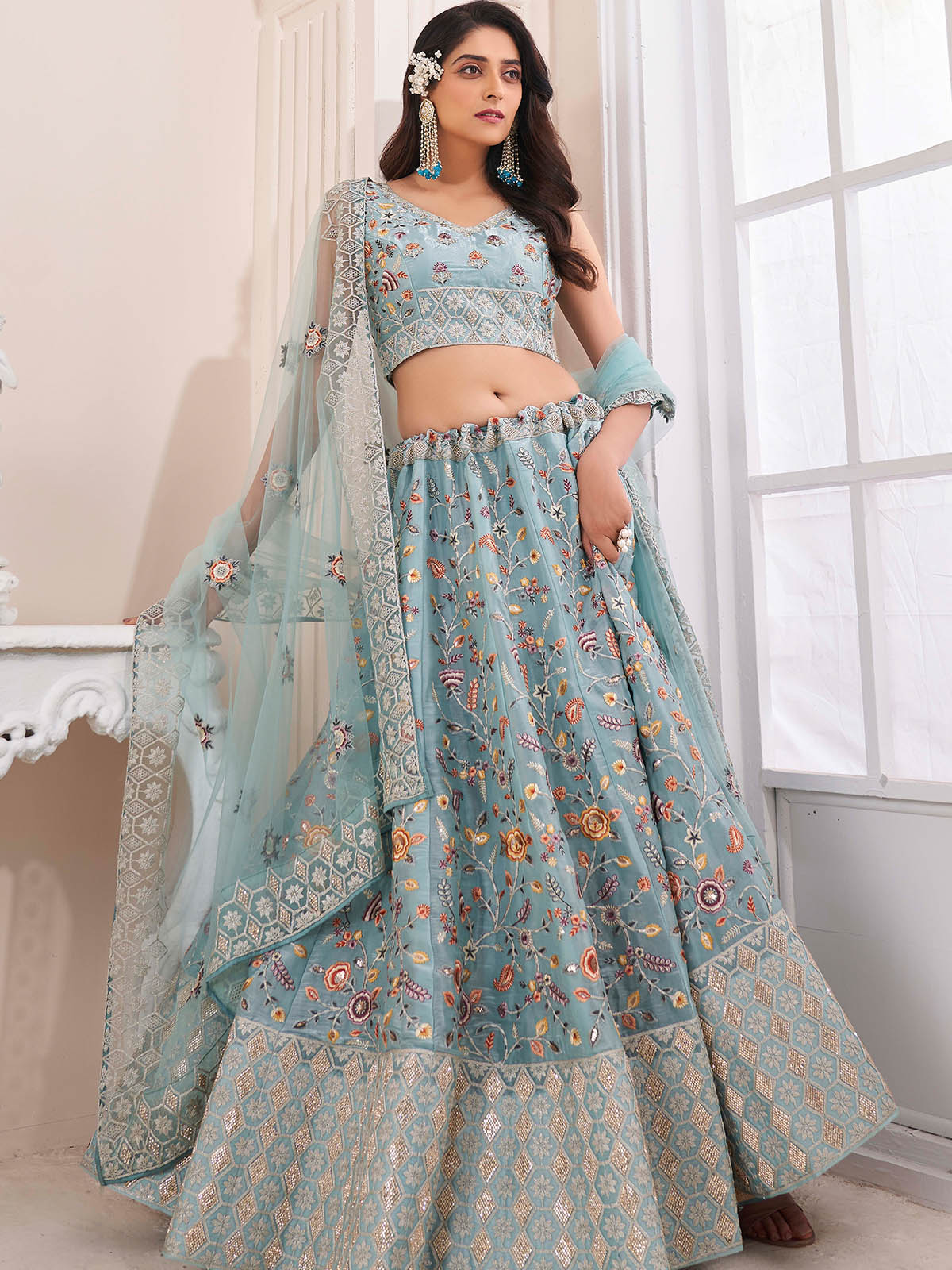 Blue Art Silk Embroidered Semi Stitched Lehenga Choli Clothsvilla