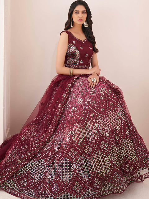 Maroon Soft Net Embroidery Semi Stitched Lehenga Choli Clothsvilla Main image
