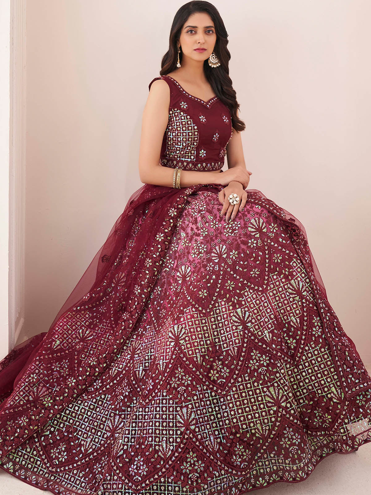 Maroon Soft Net Embroidery Semi Stitched Lehenga Choli Clothsvilla