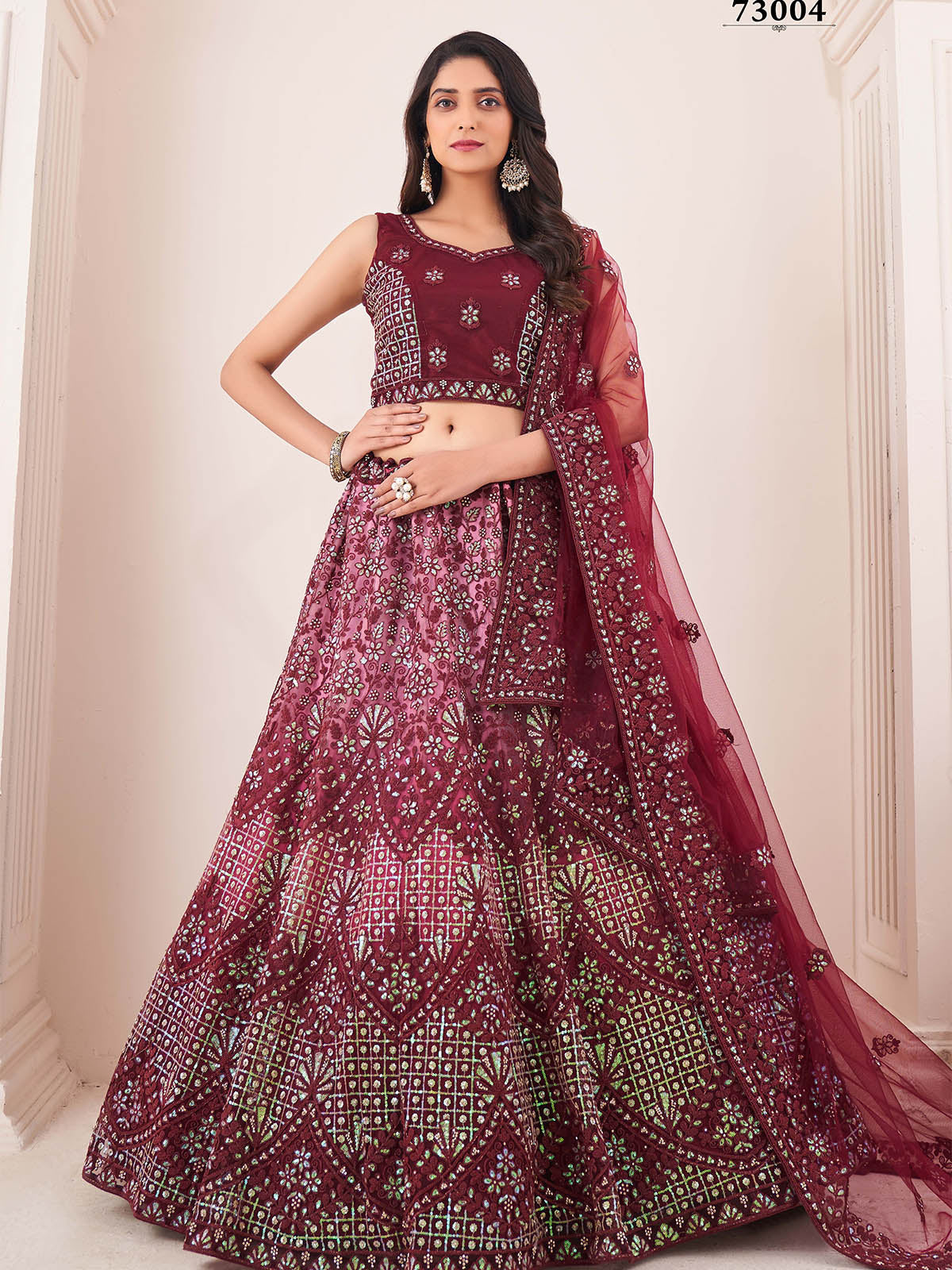 Maroon Soft Net Embroidery Semi Stitched Lehenga Choli Clothsvilla