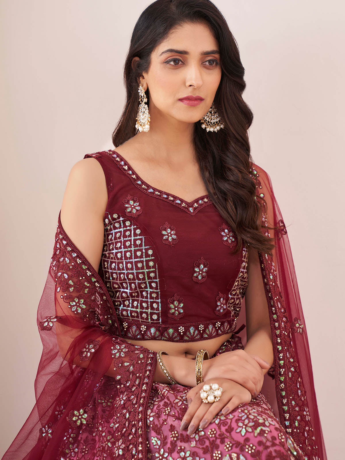 Maroon Soft Net Embroidery Semi Stitched Lehenga Choli Clothsvilla