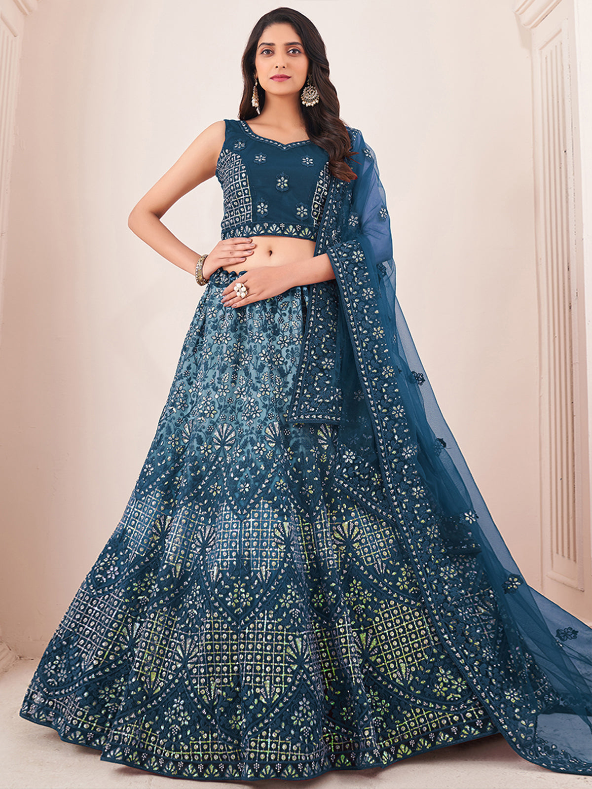 Women's Teal Net Semi Stitched Lehenga With Unstitched Blouse Clothsvilla