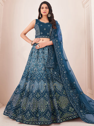 Women's Teal Net Semi Stitched Lehenga With Unstitched Blouse Clothsvilla