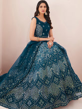 Load image into Gallery viewer, Women&#39;s Teal Net Semi Stitched Lehenga With Unstitched Blouse Clothsvilla