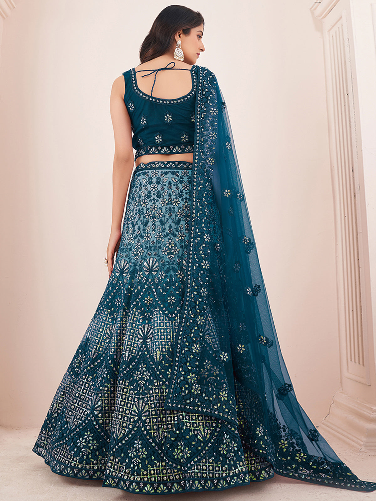 Women's Teal Net Semi Stitched Lehenga With Unstitched Blouse Clothsvilla