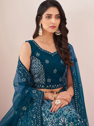 Women's Teal Net Semi Stitched Lehenga With Unstitched Blouse Clothsvilla