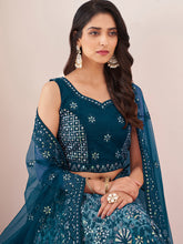 Load image into Gallery viewer, Women&#39;s Teal Net Semi Stitched Lehenga With Unstitched Blouse Clothsvilla