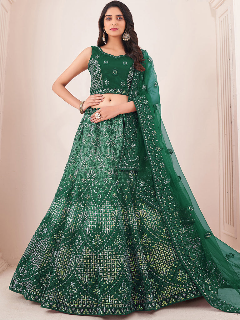 Women's Green Net Semi stitched Lehenga With Unstitched Blouse Clothsvilla