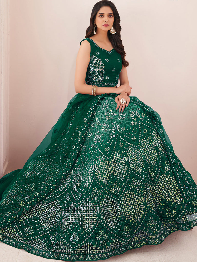 Women's Green Net Semi stitched Lehenga With Unstitched Blouse Clothsvilla