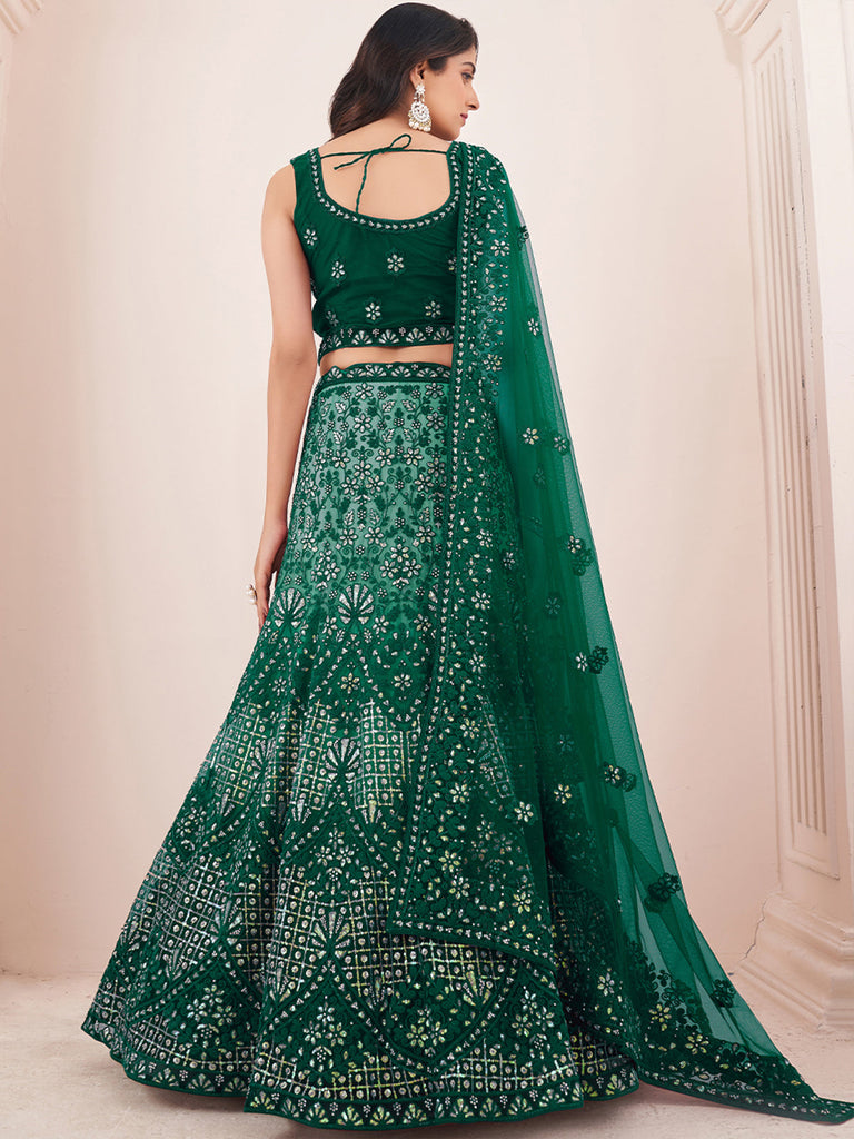 Women's Green Net Semi stitched Lehenga With Unstitched Blouse Clothsvilla