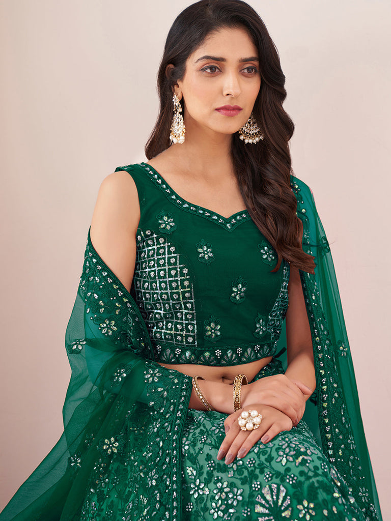 Women's Green Net Semi stitched Lehenga With Unstitched Blouse Clothsvilla