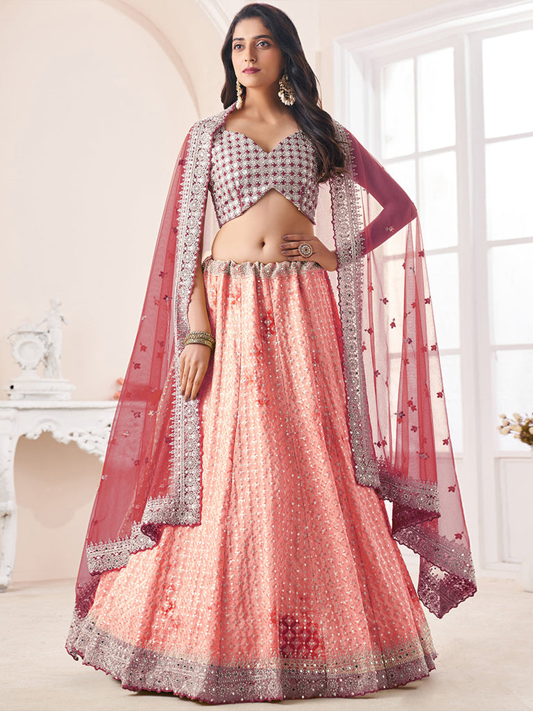 Women's Peach Georgette Semi stitched Lehenga With Unstitched Blouse Clothsvilla