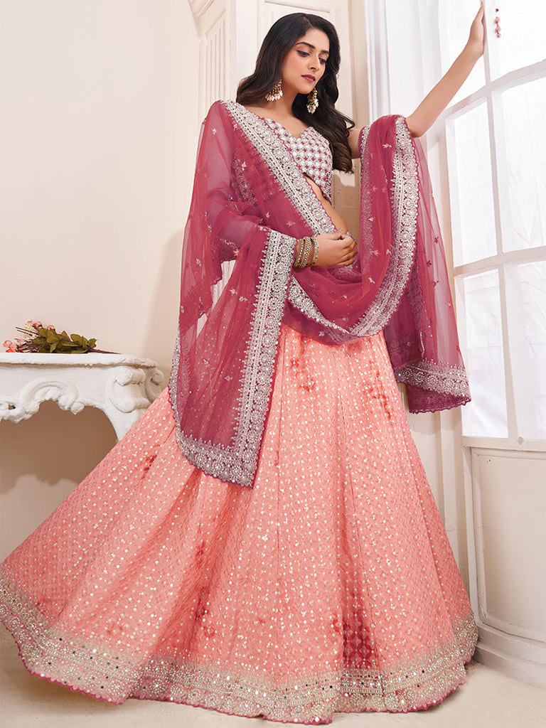 Women's Peach Georgette Semi stitched Lehenga With Unstitched Blouse Clothsvilla