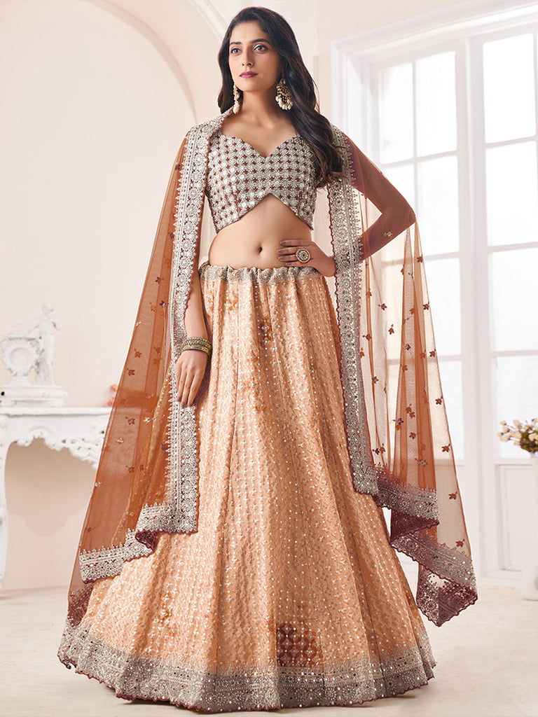 Women's Beige Georgette Semi stitched Lehenga With Unstitched Blouse Clothsvilla