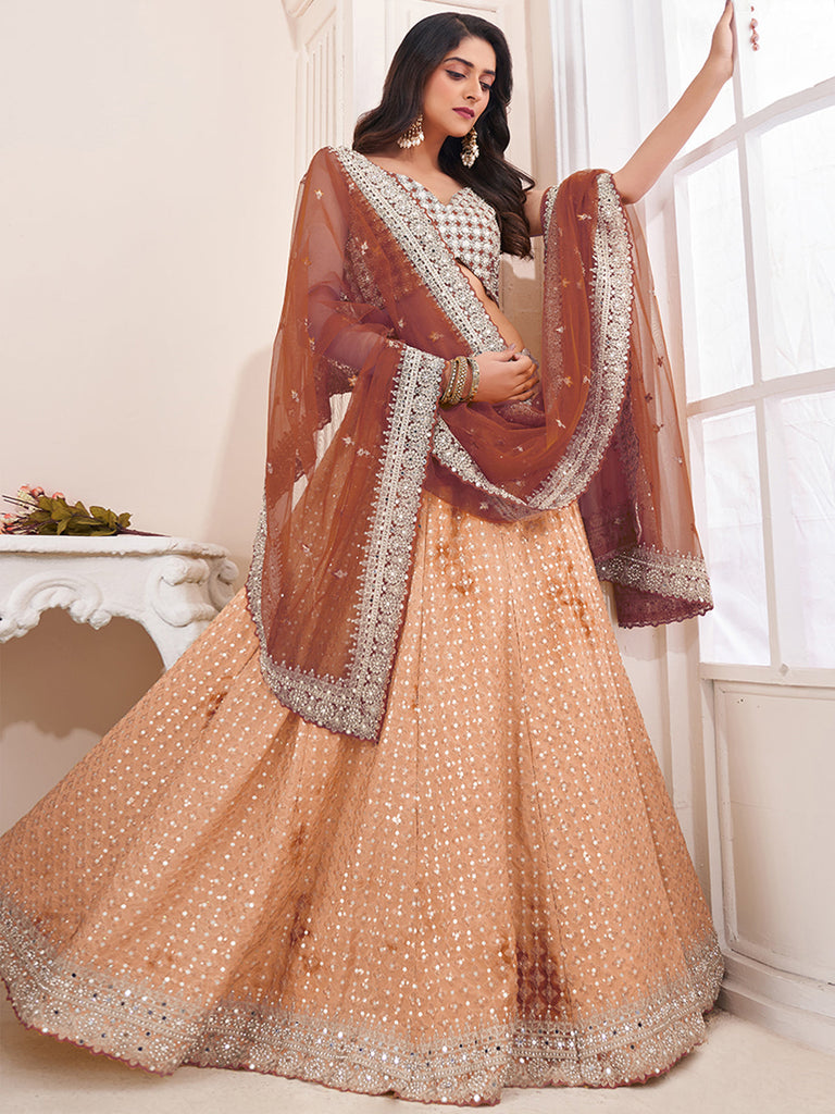 Women's Beige Georgette Semi stitched Lehenga With Unstitched Blouse Clothsvilla