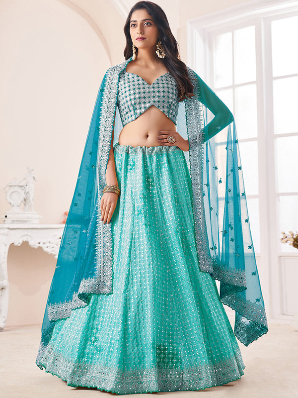 Women's Turquoise Georgette Semi stitched Lehenga With Unstitched Blouse Clothsvilla