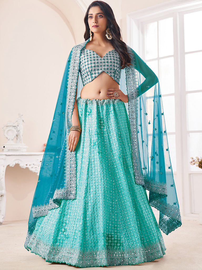 Women's Turquoise Georgette Semi stitched Lehenga With Unstitched Blouse Clothsvilla