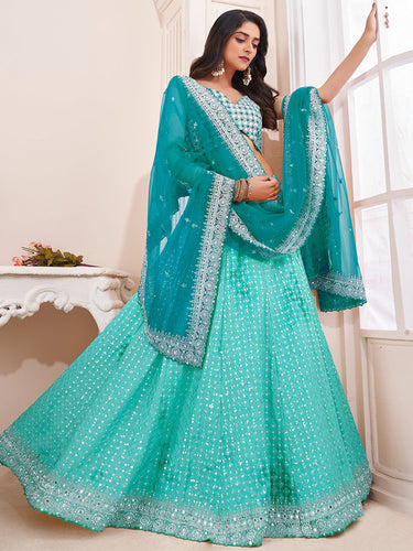 Women's Turquoise Georgette Semi stitched Lehenga With Unstitched Blouse Clothsvilla