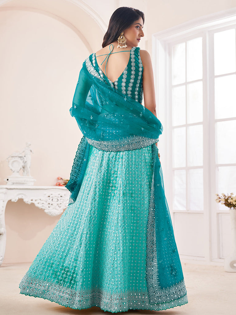 Women's Turquoise Georgette Semi stitched Lehenga With Unstitched Blouse Clothsvilla