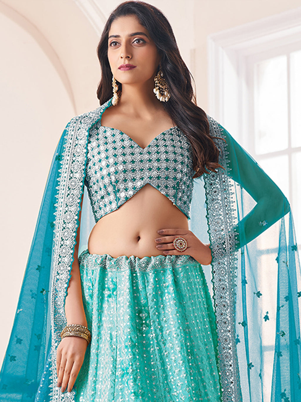 Women's Turquoise Georgette Semi stitched Lehenga With Unstitched Blouse Clothsvilla